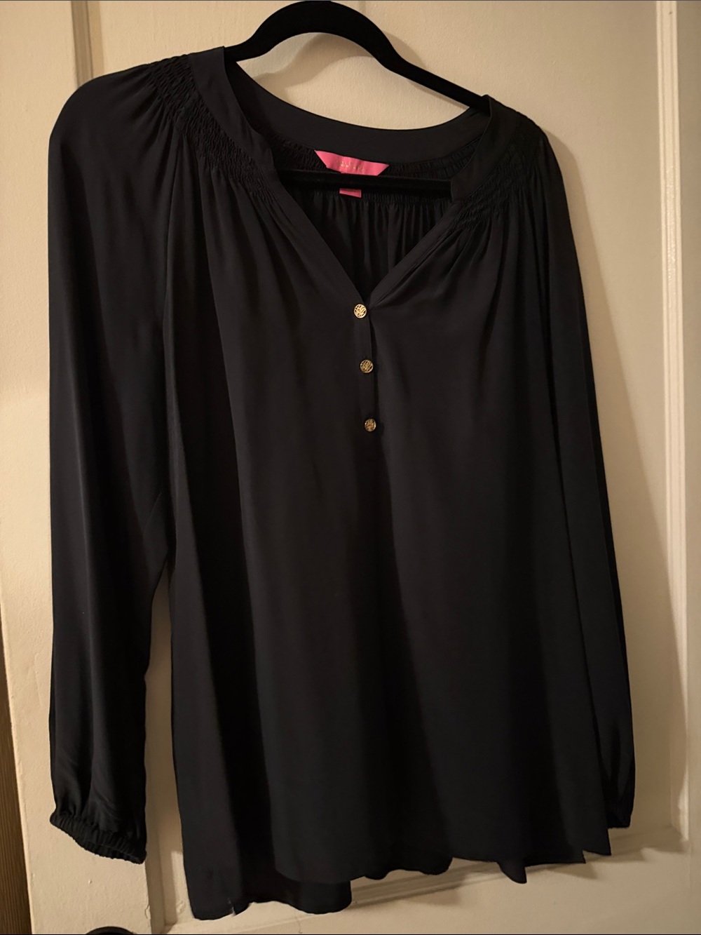 Lilly Pulitzer Black Long-Sleeve Smocked Yoke Blouse with Gold Buttons